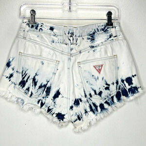 Guess White Bleach Wash Blue Tie-Dye Button Fly Raw Hem Jean Short Shorts 27